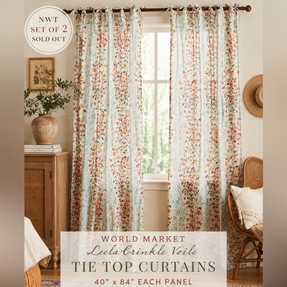 Cost Plus World Market Other - NWT Curtains Set of 2 World Market Leela Crinkle Voile Floral Tie Top 40x84